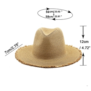 British style khaki straw fedora sun hat with frayed brim and size measurements details