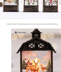 Close-up of bronze Christmas lanterns with warm LED lights and festive winter inner scenes