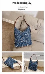 Detail of light blue denim shoulder bag featuring white floral frayed fringe embroidery