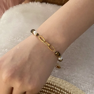 Tiger eye and cat eye stone beaded bracelet with gold chain and white pearls for women