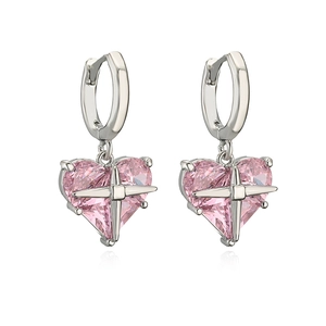 Pink heart-shaped zircon earrings with silver star accent on a clean white background