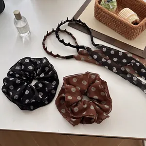 French vintage chiffon hair scrunchies and headbands set with brown polka dot pattern