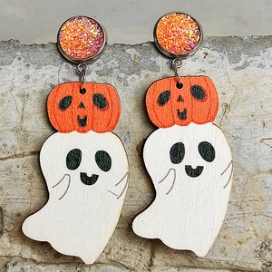 Handgefertigte Halloween Kürbis und Geist Holzohrringe mit orangefarbenen Glitzerstecker