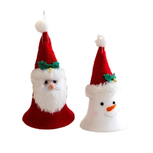 Christmas plush Santa and Snowman ornaments with red fabric and metal bells for tree decor