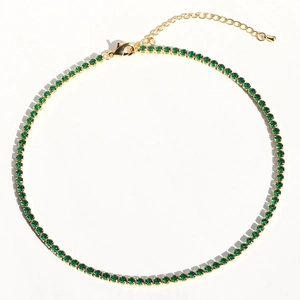 Classic green emerald tennis necklace with round-cut stones and gold-plated finish