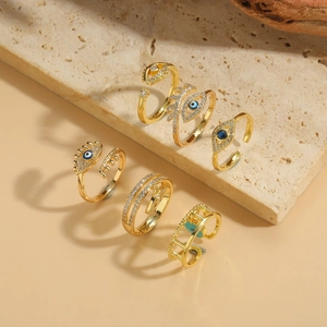 French Vintage Copper Evil Eye Open Ring For Women Gold Plated Zirconia Enamel Geometric Adjustable Fashion Jewelry Finger Ring