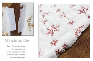 Detail of white plush Christmas tree skirt with gold and red sequin snowflake embroidery
