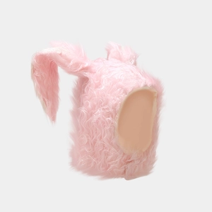 Bonnet pelucheux rose avec oreilles de lapin longues pour femme, protection hivernale
