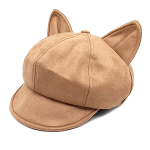 Chic camel faux suede baker boy hat with cute cat ears and vintage aesthetic