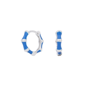 Close-up of bamboo-style silver earrings featuring blue enamel and high-polished texture