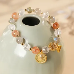 New Chinese style beaded bracelet with moonstone, crystal, and lucky Fu pendant charm