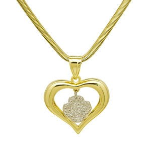 Detailed view of hollow heart pendant with clover charm on a golden snake chain necklace