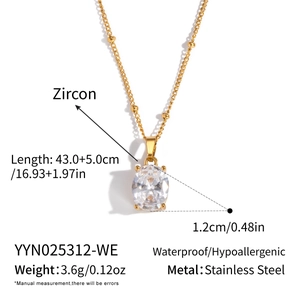 Detailed specs of the zircon pendant necklace showing length, weight and material data