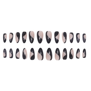 Glitter black and white S-shaped almond press-on nails set with 24 minimalist pieces