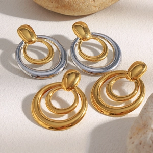Boucles d'oreilles doubles cercles en acier inoxydable plaqué or 18 carats bicolore