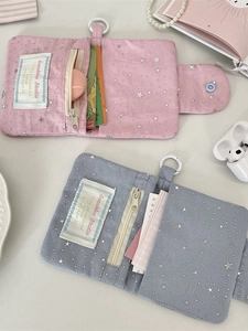 Chic star-patterned fabric card wallets with zippers in pink and blue grey colors
