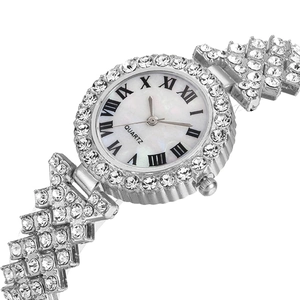 Luxury silver quartz watch with shimmering crystal inlay and roman numeral dial