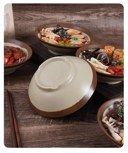 Detail of melamine bowl base with realistic noodle soup and seafood display props