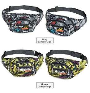 Detail of waterproof camouflage waist bags with adjustable straps and sport logos