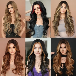 Long Wavy Wig For Women Middle Part Ombre Highlight Heat Resistant Synthetic Fiber Natural Looking Breathable Hairpiece