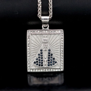 Hip hop stainless steel square pendant necklace with Mary relief and blue crystals