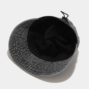 Dark gray washed denim baseball cap featuring adjustable black drawcord and inner lining