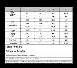 Detailed size chart for double-sided jacket with PU fabric and washing instructions