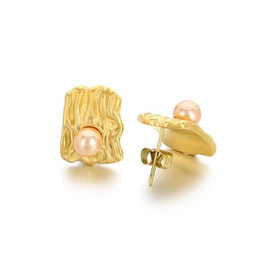 Irregular golden crinkle textured earrings with pink shell pearls and butterfly backs