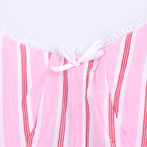 Pink and red striped camisole top featuring delicate white lace trim and center ribbon bow