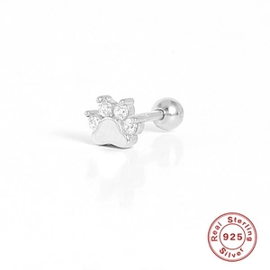 Detail view of S925 sterling silver dog paw stud earring with sparkling cubic zirconia