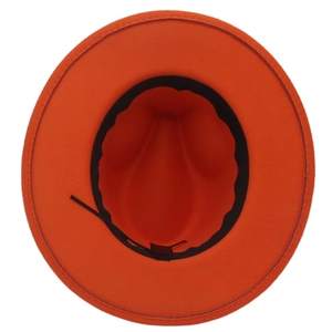 Detail view of orange fedora interior featuring an adjustable sweatband and wool felt texture