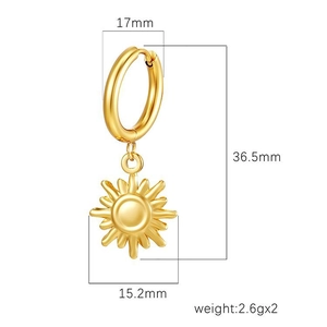 18K gold plated stainless steel sun pendant hoop earrings with detailed dimensions