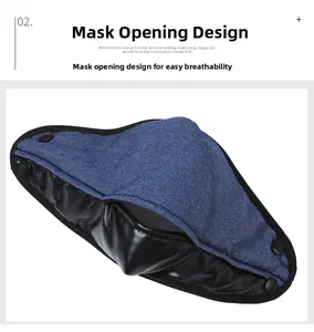 Detail of winter hat mask with breathable opening and black metal snap buttons