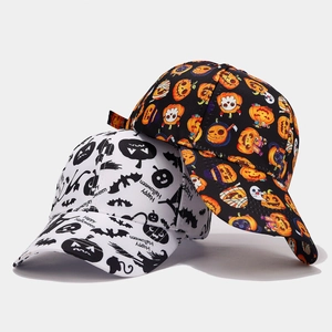 Detail of black and white Halloween baseball caps with Happy Halloween skull print