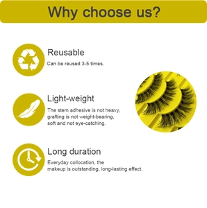 Detail showing reusable lightweight false eyelashes with 3-5 times wear durability info