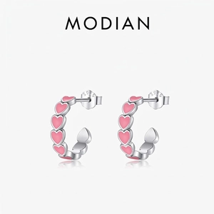 925 Sterling Silver Heart C-Shape Hoop Earrings With Pink Enamel Sweet Fashion Jewelry For Women
