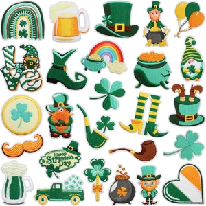 St Patricks Day Embroidery Patches Irish Shamrock Leprechaun Rainbow Lucky Gold Pot Decorative Applique For Clothes Bags