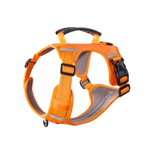 Adjustable bright orange dog harness with breathable mesh lining and reflective safety straps