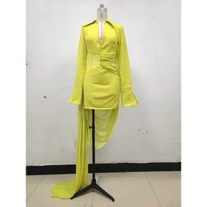 Neon yellow V-neck satin dress with ruched waist and long asymmetrical split hem