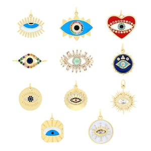 Set of 11 gold-plated Evil Eye and heart jewelry pendants with colorful enamel and crystals