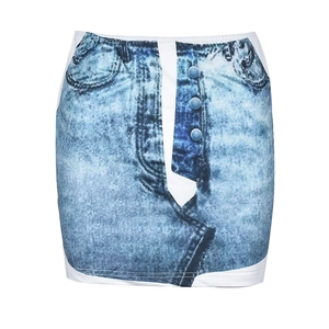 Detail of white mini skirt featuring realistic 3D blue denim print and elastic high waist
