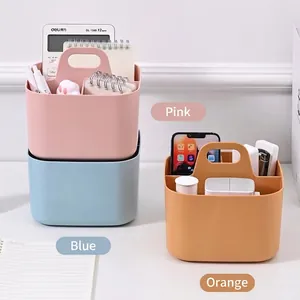 Portable multi-compartment plastic storage basket with handles in pink, blue, and orange