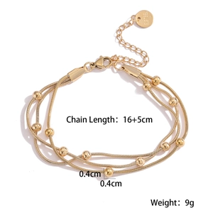 Detail showing 18K gold plated stainless steel triple-layer beaded bracelet with dimensions