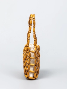 Handmade wooden bead woven handbag with cream drawstring canvas inner bag for women