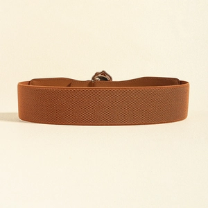 Détail d'une ceinture élastique marron avec texture tissée dense et boucle métallique