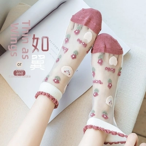 Detailansicht der transparenten Damen-Meshsocken mit rosa Kirsch- und Herzstickerei