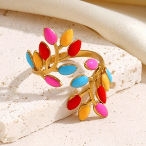 Colorful enamel leaf ring in gold plating, adjustable stainless steel open design for women