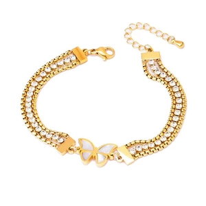 Three-layer gold titanium steel bracelet with butterfly pendant and sparkling rhinestones