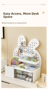 Detail view of rabbit desktop organizer with pegboard and transparent drawers