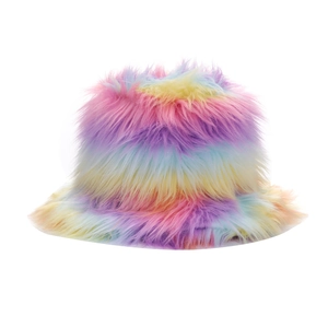 Chapeau bob en fausse fourrure arc-en-ciel avec dégradé coloré et peluche longue douce